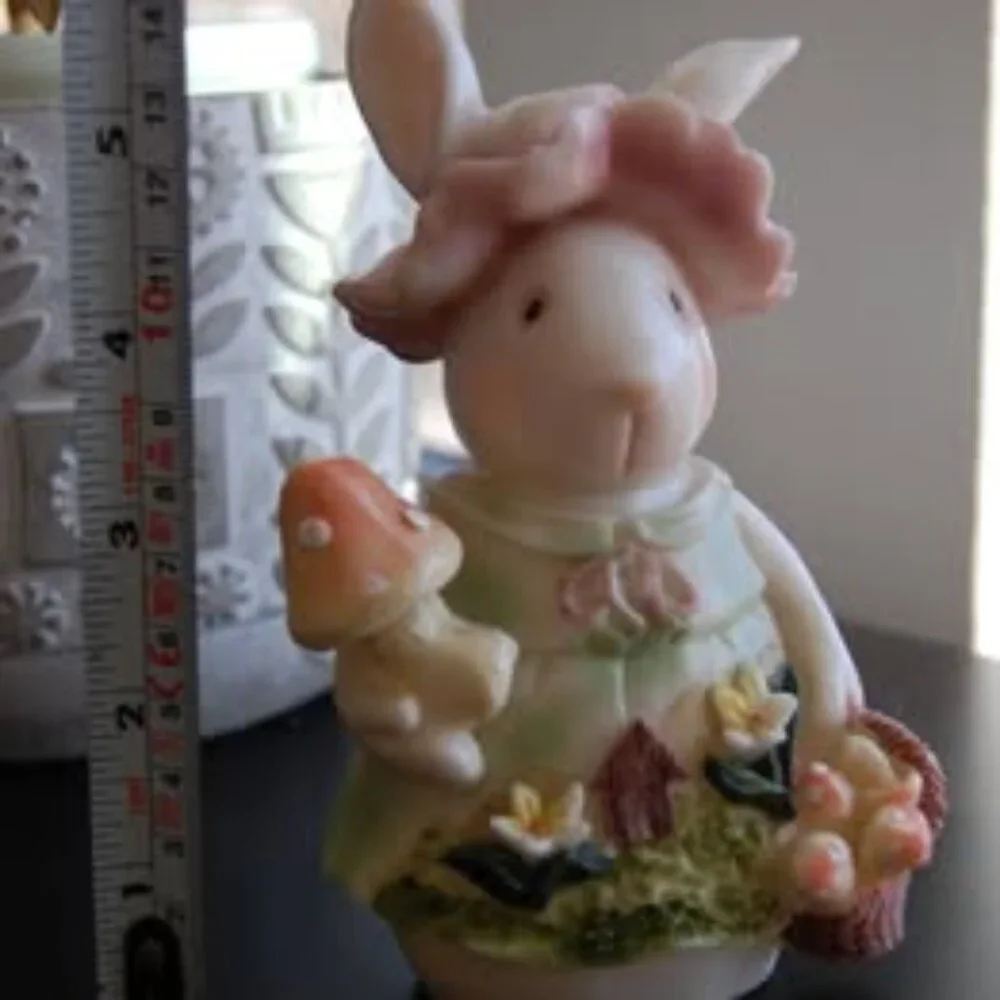 Vintage Easter Bunny Rabbit w/ Mushroom Basket Figurine Whimsical Cottagecore